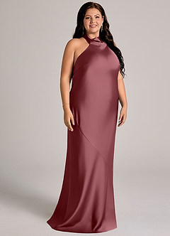 Azazie Velli Abiti da Damigella Abito Sirena in Raso Elasticizzato Collo Alto Rosa Del Deserto image11