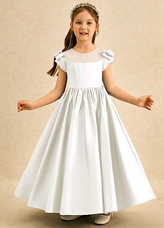 Azazie Toffee Abiti da Ragazza di Fiori Abito Principessa in Raso Opaco Fiocco Avorio image3