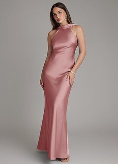 Azazie Dimitra Robes de demoiselle d'honneur Robe Trapèze en Satin extensible Plissée Rose Poussiéreuse image1