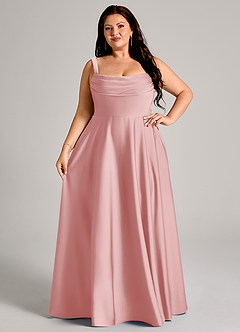 Azazie Shaude Bridesmaid Dresses Powder Pink A-Line Pleated Stretch Satin Dress image12