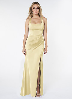 Azazie Mero Bridesmaid Dresses Lemon Sorbet Mermaid Pleated Stretch Satin Dress image1