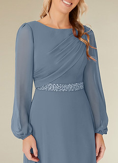 Azazie Priyanka Mother of the Bride Dresses Dusty Blue A-Line Boatneck Pleated Chiffon Dress image3