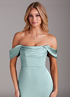 Azazie Saige Bridesmaid Dresses Sea Glass Sheath Off the Shoulder Stretch Satin Dress image7
