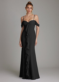 Azazie Karmela Bridesmaid Dresses Black A-Line Off the Shoulder Chiffon Dress image1