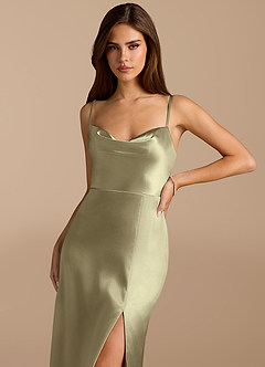 Azazie Erma Bridesmaid Dresses Moss Green A-Line Side Slit Metallic Satin Dress image5