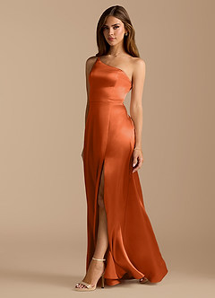 Azazie Trina Bridesmaid Dresses Burnt Orange A-Line One Shoulder Metallic Satin Dress image1