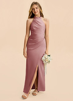 Azazie Jemma Junior Dusty Rose Sheath Ruched Stretch Satin Dress image4