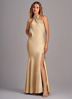 Azazie Lorena Bridesmaid Dresses Champagne Mermaid Pleated Stretch Satin Dress image1