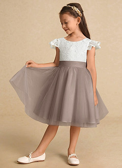 Azazie Vetty Flower Girl Dresses Ivory Taupe A-Line Lace Tulle Dress image4