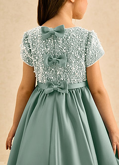 Azazie Cashew Flower Girl Dresses Silver Sage Ball-Gown with Sleeves Matte Satin Dress image7