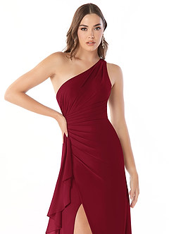 Azazie Maive Robes de demoiselle d'honneur Robe Fourreau en Mousseline de soie Plissé à volants Bourgogne image5