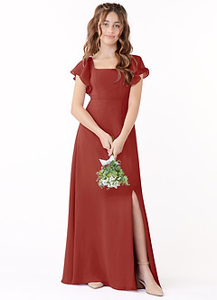 Azazie Bondi Junior Terracotta A-Line Bow Chiffon Dress image1