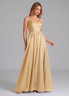 Azazie Keyla Bridesmaid Dresses Gold A-Line Pleated Stretch Satin Dress image6