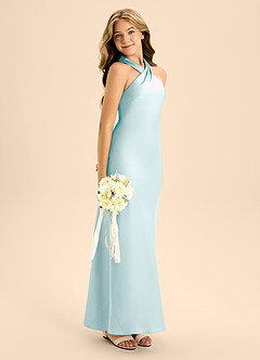 Azazie Doretta Junior Sea Glass A-Line Pleated Stretch Satin Dress image7