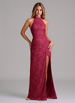 Azazie Jemma Bridesmaid Dresses Burgundy A-Line Pleated Floral Burnout Dress image1