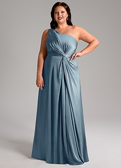 Azazie Brooke Vestidos de damas de honor Vestido de Azul Polvoriento de Satén Elástico de Corte en A con Hombro unilateral image12