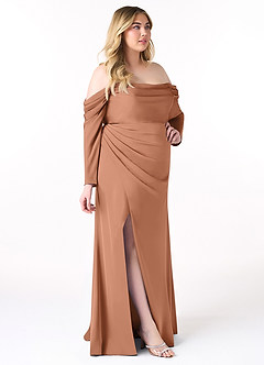 Azazie Hallie Robes de demoiselle d'honneur Robe Fourreau Convertible en Satin extensible Schulterfreies Langarmshirt Bronze image11