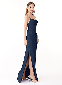 Azazie Mai Robes de demoiselle d'honneur Robe Fourreau en Mousseline de soie Plissée Bleu Marine Foncé image3