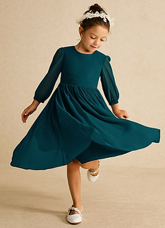 Azazie Lolo Robe Demoiselle D'honneur Fillette Robe Trapèze en Mousseline de soie avec manches Vert Pin image1