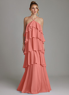 Azazie Deena Bridesmaid Dresses Salmon Pink A-Line Ruched Chiffon Dress image1