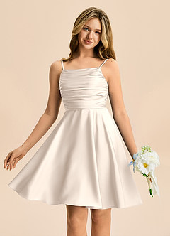Azazie Miko Junior White Alabaster A-Line Pleated Stretch Satin Dress image1