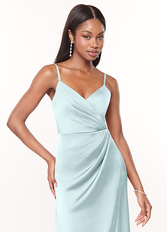Azazie Maci Bridesmaid Dresses Sea Glass A-Line V-Neck Pleated Stretch Satin Dress image8
