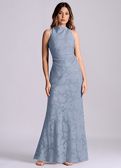 Azazie Evadne Final Sale Dusty Blue Sheath Pleated Floral Burnout Dress image1