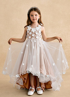 Azazie Celia Flower Girl Dresses Champagne Rose A-Line Lace Tulle Dress image4
