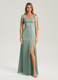 Azazie Frostine Vestidos de madrinha de casamento Vestido Sálvia Prateada de Cetim elástico de Linha A com Arco image5