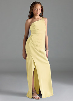 Azazie Eren Junior Lemon Sorbet Sheath Pleated Stretch Satin Dress image4