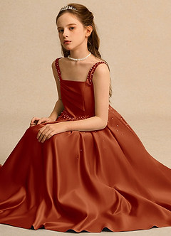 Azazie Mochi Girl Jurken voor bloemenmeisjes Baljurk Jurk van Mat Satijn Geplooid Paprika image3