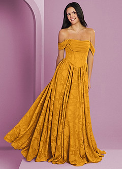 Barbie ♥ Azazie Bridesmaid Dresses Butterscotch A-Line Off the Shoulder Floral Burnout Convertible Dress image1