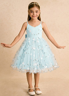 Azazie Junebug Flower Girl Dresses Sea Glass Ball-Gown Spaghetti Strap Tulle Dress image3