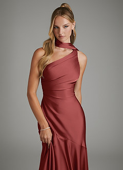 Azazie Amara Robes de demoiselle d'honneur Robe Sirène en Satin extensible Asymétrique Terracotta image6