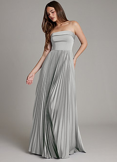 Azazie Mariana Bridesmaid Dresses Silver A-Line Pleated Stretch Satin Dress image1