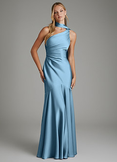 Azazie Amara Bridesmaid Dresses Steel Blue Mermaid One Shoulder Stretch Satin Dress image1