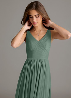 Azazie Keyla Bridesmaid Dresses Eucalyptus A-Line Pleated Mesh Dress image7