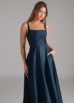 Azazie Shaude Bridesmaid Dresses Dark Navy A-Line Pleated Stretch Satin Dress image3