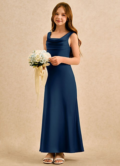 Azazie Raspberry Girls Formal Robe Demoiselle D'honneur Fillette Robe Trapèze en Satin extensible Plissée Bleu Marine Foncé image1