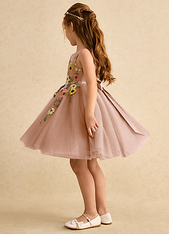 Azazie Prima Flower Girl Dresses Champagne Rose A-Line Bow Tulle Dress image4