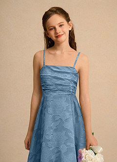 Azazie Pebbles Junior Formal Flower Girl Dresses Steel Blue A-Line Pleated Floral Burnout Dress image2