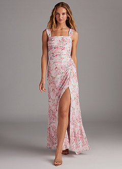 Azazie Jesaphine Bridesmaid Dresses Abstract Watercolor Floral Sheath Bow Chiffon Dress image4