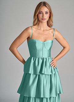 Azazie Faye Bridesmaid Dresses Aqua A-Line Ruched Stretch Satin Dress image2