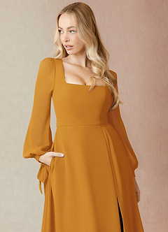Azazie Leonia Bridesmaid Dresses Butterscotch A-Line Long Sleeve Chiffon Dress image6