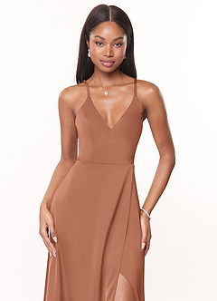 Azazie Maksim Bridesmaid Dresses Bronzer A-Line V-Neck Stretch Satin Dress image5