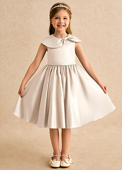 Azazie Acorn Flower Girl Dresses White Alabaster A-Line Pleated Matte Satin Dress image1