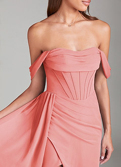 Azazie Amyra Bridesmaid Dresses Coral Sheath Off the Shoulder Chiffon Convertible Dress image5