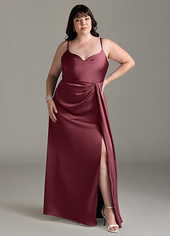 Azazie Brielle Bridesmaid Dresses Merlot A-Line Cowl Spaghetti Straps Stretch Satin Dress image6
