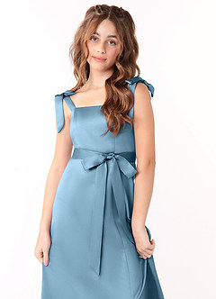 Azazie Barbara Junior Steel Blue A-Line Bow Stretch Satin Dress image5