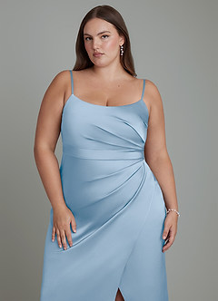 Azazie Calandra At-home Try On Dresses Eucalyptus Sheath Pleated Stretch Satin Dress image13